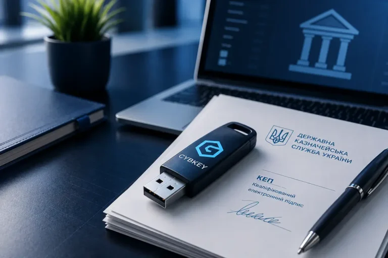 Захищений USB-токен КЕП для роботи з Державною казначейською службою України поруч із документами та ноутбуком
